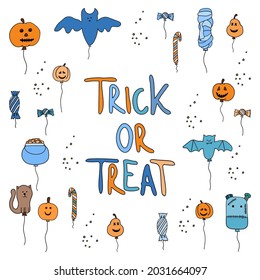 Trick or treat square banner with cute balloons and lettering. Festive Halloween for children.