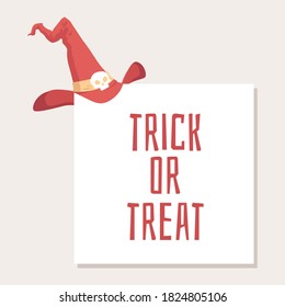 Trick or treat - square Halloween card with red witch hat with skull decoration hanging on the corner. Vector illustration of poster sign template for spooky holiday