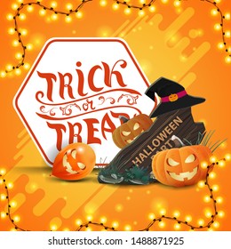 Trick or treat, square orange postcard with garland, halloween ballons, wooden sign, witch hat and pumpkin Jack