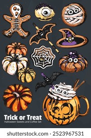 Trick or Treat Sticker Pack Illustration. Coffee Cup and  Sweets, hot chocolate drink in Halloween style decorated with pumpkins, cookies, sweets and gingerbreads. Engraved style vector artwork. 