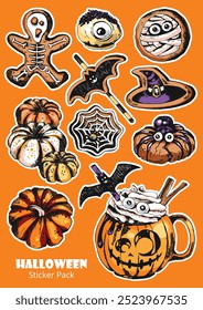 Trick or Treat Sticker Pack Illustration. Coffee Cup and  Sweets, hot chocolate drink in Halloween style decorated with pumpkins, cookies, sweets and gingerbreads. Engraved style vector artwork. 