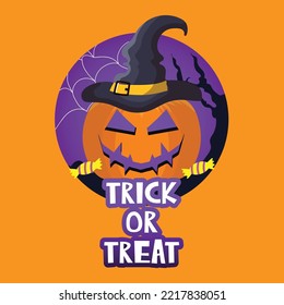 trick or treat sticker with pumpkin, witch hat, candy and spider web for Halloween