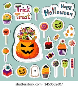 Colección de pegatinas de truco o tratamiento. Cajón de caramelos de Halloween. Trata el tazón con los tradicionales iconos de los postres de Halloween. Dibujo a mano trata elementos, plantilla de decoración. Iconos de comida de Halloween .