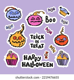 Trick or treat stickers collection. Happy Halloween set of bright pumpkins and desserts for the holiday. Design elements.