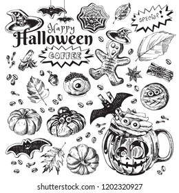 "Trick or Treat" style Coffee drink. Vector artwork. Happy Halloween Coffee, Autumn Holiday Hot Drink Illustration. Festive beverage with title, scary gingerbread and cookies decoration. 