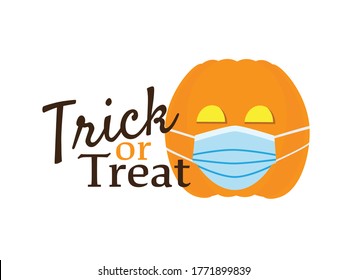 Trick or treat symbol with Cute Orange pumpkin wearing Blue surgical mask