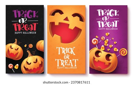 Trick or treat tags vector poster design. Happy halloween greeting and invitation card for kids party gift tags lay out collection. Vector illustration seasonal post card collection.
