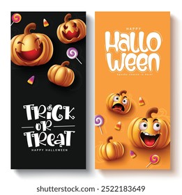 Truque ou trate tags vetor definir design de cartaz. Feliz texto de saudação de halloween com expressões faciais engraçadas e assustadoras abóboras lanterna para coleção de cartão de convite de férias. Horror de ilustração vetorial 