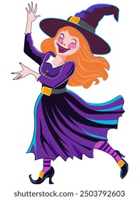 Trick or treat template with a little happy dancing witch on a white background for card, poster and seasonal decor. Vector illustration