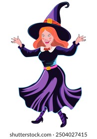 Trick or treat template with a little happy dancing witch on a white background for card, poster and seasonal decor. Vector illustration