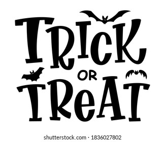 Trick or Treat text banner. Halloween phrase. Isolated test with bats' silhouettes. Hand drawn doodle letters for Halloween poster, greeting card, print or banner. Party lettering  vector illustration