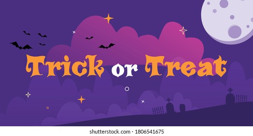Trick or Treat Text Banner Vector. Vector illustration. Full moon in the sky, flying bats and night clouds.