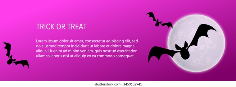 Trick or treat text with bats by moon on purple background. Halloween greeting card. Vector illustration can be used for banner, poster, flyer