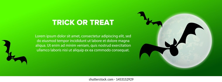 Trick or treat text with bats flying at bat on green background. Halloween greeting card. Vector illustration can be used for banner, poster, flyer