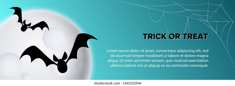 Trick or treat text with bats flying at moon and cobweb on blue background. Halloween concept. Vector illustration can be used for banner, poster, flyer