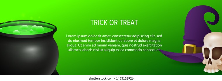 Trick or treat text with cauldron, witch hat and skull on green background. Halloween greeting card. Vector illustration can be used for banner, poster, flyer