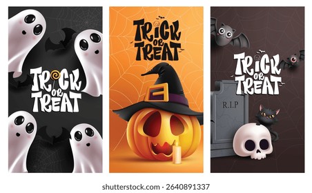Trick or Treat text clipart poster set. Halloween trick or treat greeting clip art collection with ghost, pumpkin, grave stone and bats spooky elements characters in colorful spider web background 
