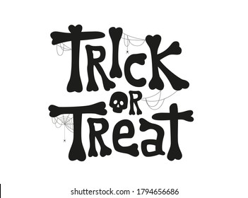 Trick or Treat text in cobweb made out of bones. Vector Illustration isolated on white background for Halloween day.