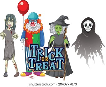 Trick or Treat text design with Halloween ghost characters illustration