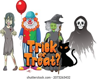 Trick or Treat text design with Halloween ghost characters illustration