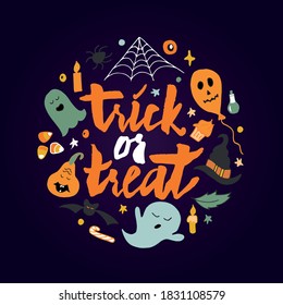 Trick or treat text. Halloween festive set of elements in doodle style: pumpkin, bat, spider, ghosts, stars, candies, spider web, witch hat, candy corn. Vector colorful illustration in trendy colors