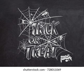 Trick or Treat Text for Halloween Poster Design with Spider Net Background.