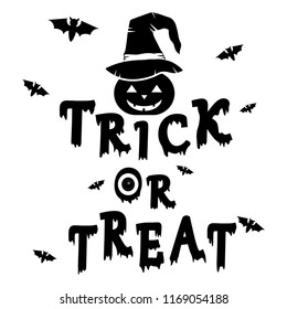 Trick and treat text  Halloween and pumpkin put witch hat with bat on background. Halloween theme. Vector illustration.