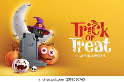 Trick or treat text halloween vector design. Happy halloween greeting card with cute cat, spooky pumpkins and grave stone decoration elements in yellow background. Vector illustration holiday horror 