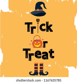Trick and treat text Halloween and witch hat the orange background.Halloween theme. Vector illustration.