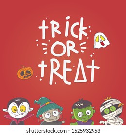 trick or treat text, happy hallowen card with cartoon illustration