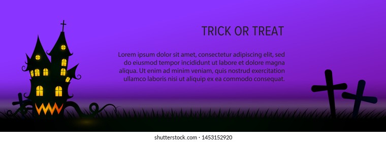 Trick or treat text with haunted house at cemetery on purple background. Halloween greeting card. Vector illustration can be used for banner, poster, flyer