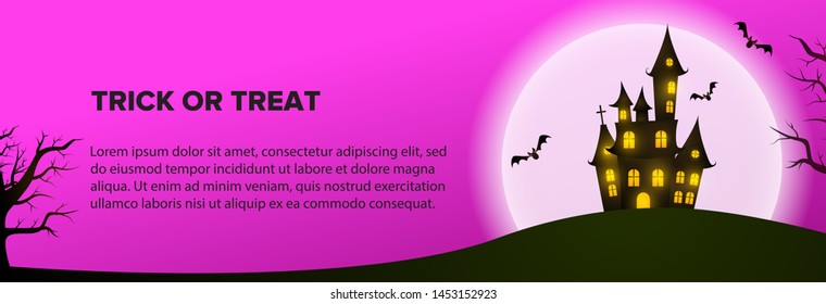 Trick or treat text with house and bats against moon on purple background. Halloween greeting card. Vector illustration can be used for banner, poster, flyer