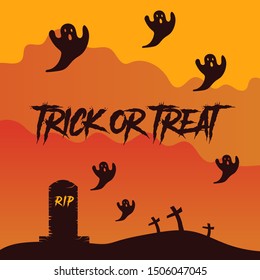 Trick and treat text illustration template designs vector, different shapes dark pumpkin on orange background. trick and treat on the theme of Halloween, different shapes.