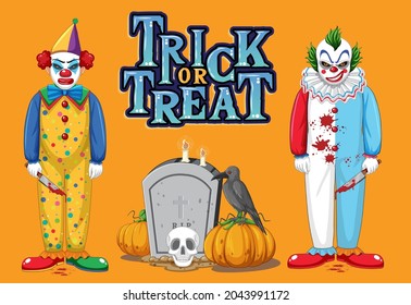 Trick or Treat text logo with creepy clowns illustration