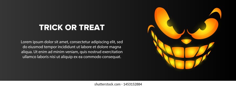 Trick or treat text with ominous smile on black background. Halloween greeting card. Vector illustration can be used for banner, poster, flyer