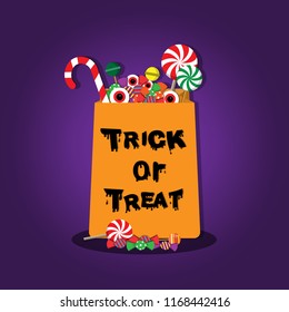 Trick and treat text Paper bag put candy and desert on Halloween day.