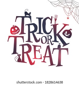 Trick Or Treat Text with Silhouette Scary Cat, Jack-O-Lantern, Skeleton Hand, Graveyard and Spider Web on White Background.