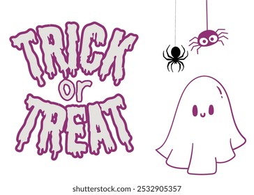 Trick or Treat Text with Spiders and Ghosts in Background, Spooky Halloween Design, Fun and Eerie Typography, Perfect for Cards, Decorations, and Halloween Celebrations, Create Spooktacular Atmosphere