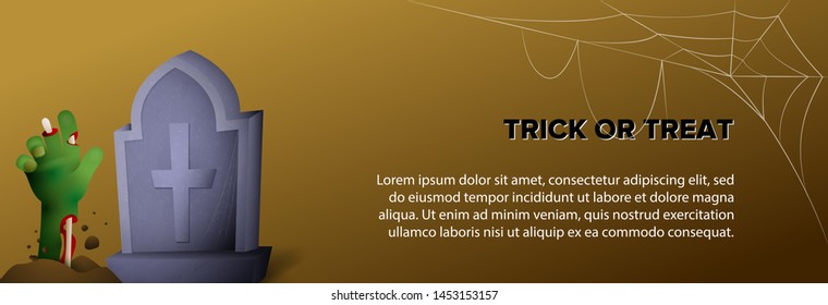 Trick or treat text with tombstone, zombie hand and cobweb on brown background. Halloween greeting card. Vector illustration can be used for banner, poster, flyer