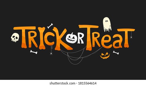 Trick o Treat texto con elementos tradicionales. Ilustración de vacaciones sobre fondo negro para el día de Halloween.