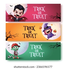 Trick or treat text vector banner set. Halloween greeting card with dracula, witch and zombie characters for kids horror party background. Vector illustration trick or treat card collection. 
