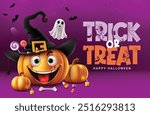 Trick or treat text vector design. Halloween trick or treat greeting card with cute smiling pumpkin character wearing witch black hat element in purple scary background. Vector illustration seasonal 