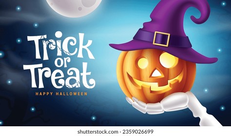 Diseño vectorial de texto con trucos o tratamiento. Feliz halloween y truco o truco para tratar la carta de invitación con brillantes elementos de calabaza de linternas usando sombrero de bruja en el fondo de la noche de la luna. Ilustración vectorial espeluznante 