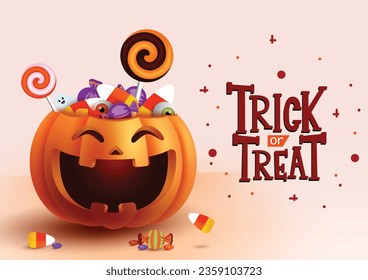 Trick or treat text vector design. Trick or treat pumpkin bucket full of sweet candies and lollipop elements for kids party horror celebration. Vector illustration invitation card background.
