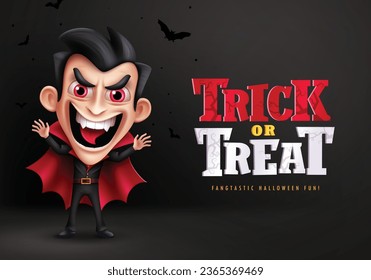 Trick or treat text vector design. Halloween trick or treat greeting card with vampire dracula character for horror party celebration background. Vector illustration kids party invitation card design.