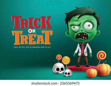 Trick treat text vector design. Halloween zombie character in podium stage for season product display presentation in green background. Vector illustration invitation card design. 