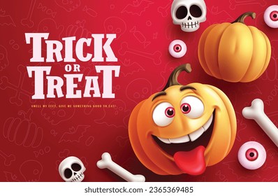 Trick or treat text vector design. Halloween trick or treat greeting card with pumpkins characters elements in red pattern background. Vector illustration seasonal invitation card design.