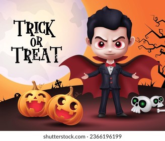 Trick or treat text vector design. Halloween dracula and vampire man character in night full moon graveyard background. Vector illustration horror party greeting card.
