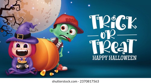 Trick or treat text vector design. Happy halloween greeting card with cute witch girl and little zombie boy characters in full moon background. Vector illustration kids party invitation card.
