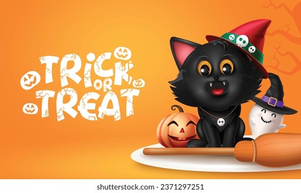 Trick or treat text vector design. Happy halloween greeting card with black cat kitten, ghost and pumpkin characters elements. Vector illustration horror party invitation card.
